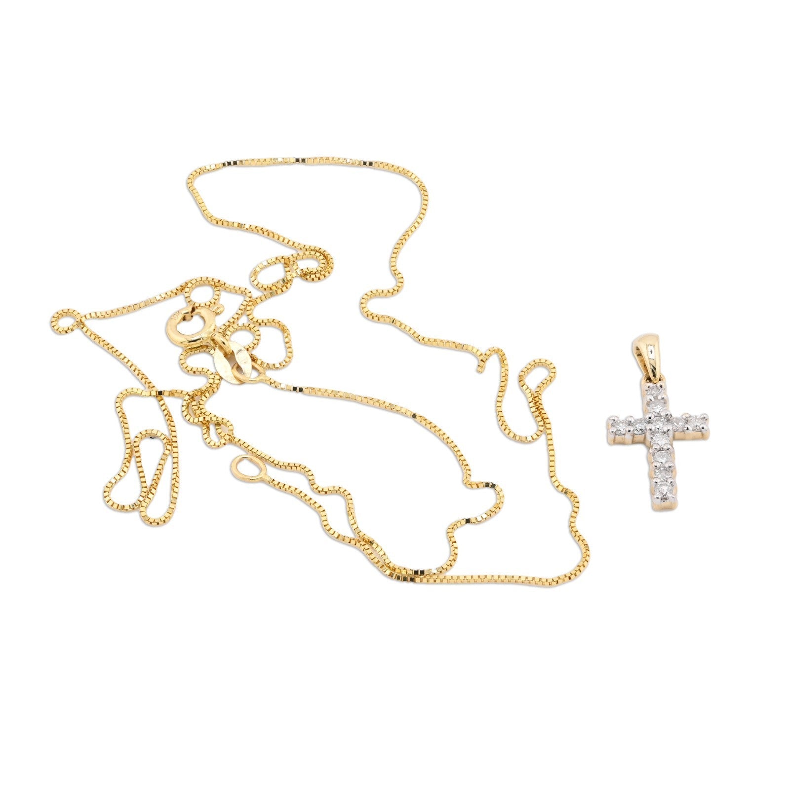 10k Yellow Gold 0.25CTW Natural Diamond Cross Charm 0.9g Pendant with Box Chain - Elite Jewelers - Charms & Pendants