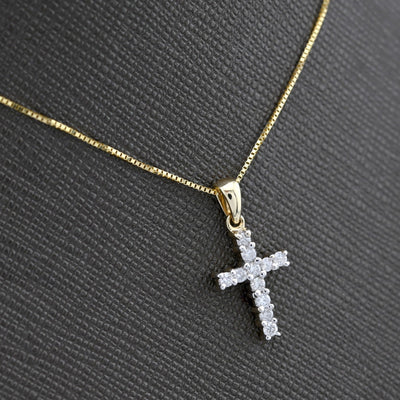 10k Yellow Gold 0.25CTW Natural Diamond Cross Charm 0.9g Pendant with Box Chain - Elite Jewelers - Charms & Pendants
