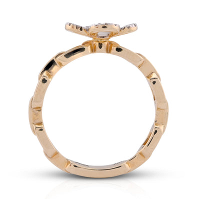 10K Yellow Gold 0.26CT Round/Baguette 4 - Leaf Clover Centre Chain - Link Natural Diamond Women Ring - Elite Jewelers - Rings