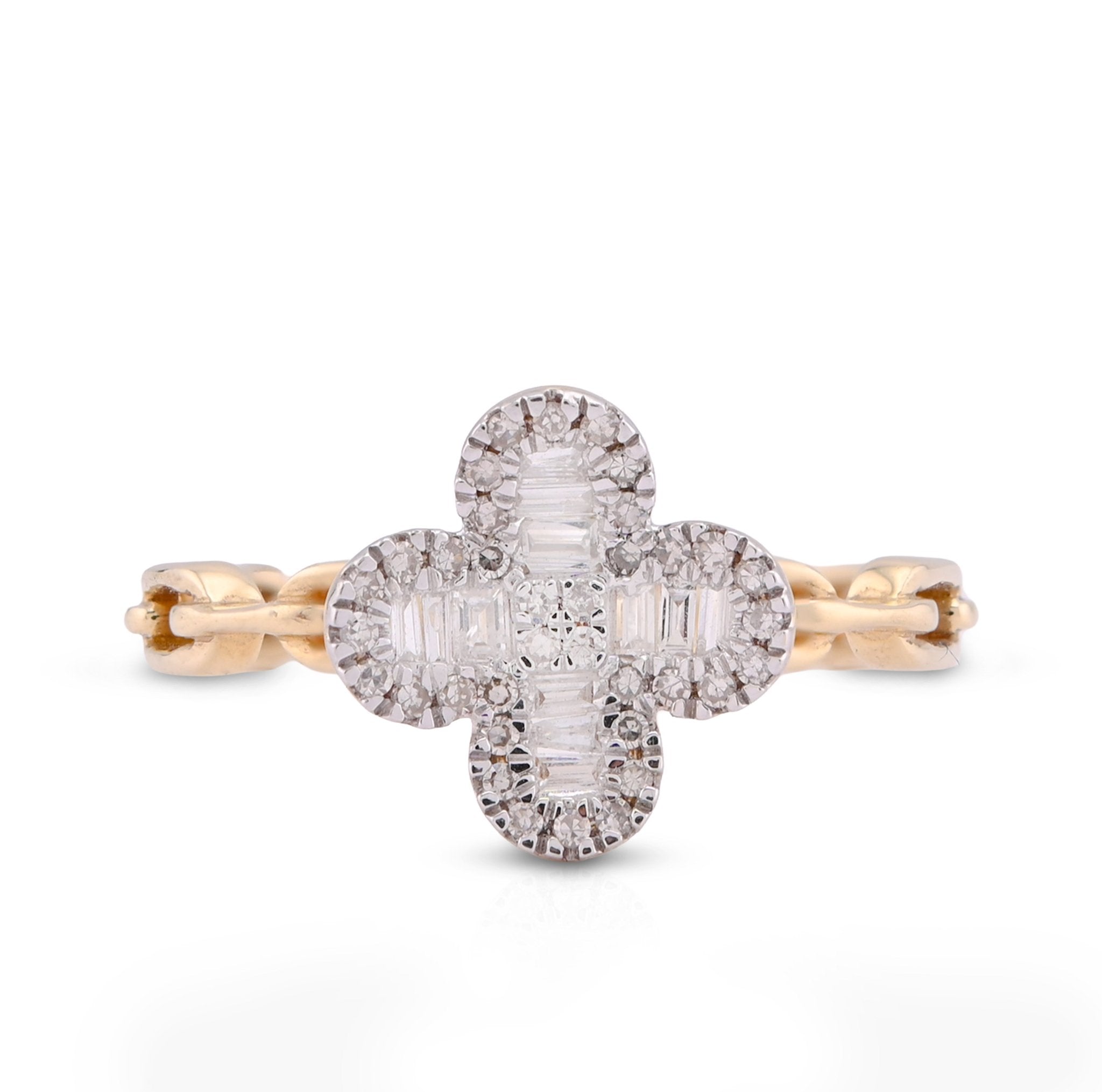 10K Yellow Gold 0.26CT Round/Baguette 4 - Leaf Clover Centre Chain - Link Natural Diamond Women Ring - Elite Jewelers - Rings