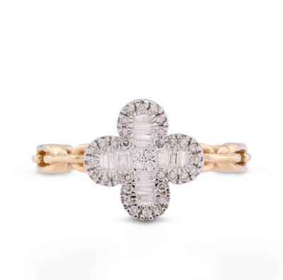 10K Yellow Gold 0.26CT Round/Baguette 4 - Leaf Clover Centre Chain - Link Natural Diamond Women Ring - Elite Jewelers - Rings