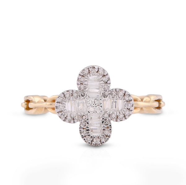 10K Yellow Gold 0.26CT Round/Baguette 4 - Leaf Clover Centre Chain - Link Natural Diamond Women Ring - Elite Jewelers - Rings