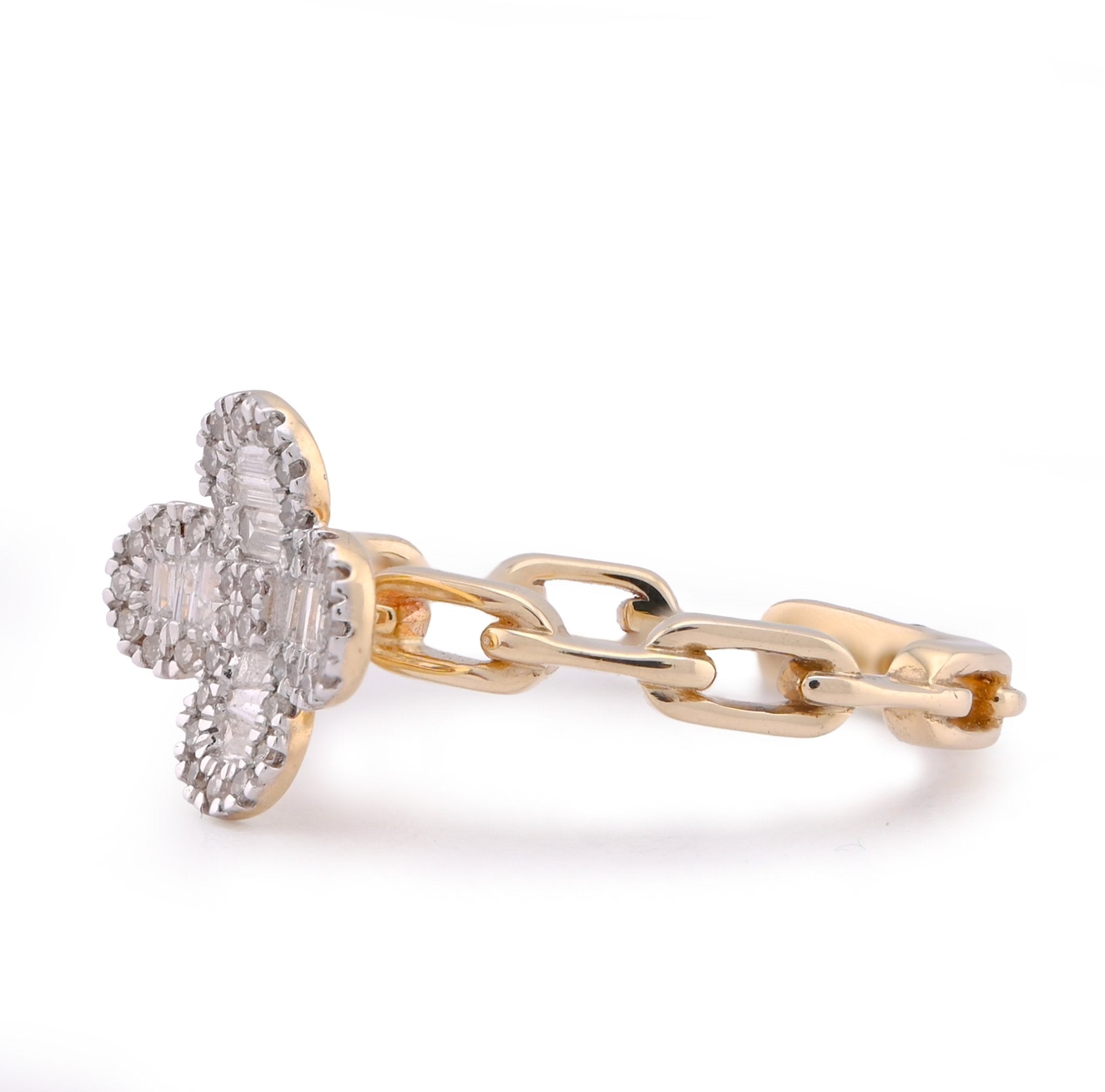 10K Yellow Gold 0.26CT Round/Baguette 4 - Leaf Clover Centre Chain - Link Natural Diamond Women Ring - Elite Jewelers - Rings