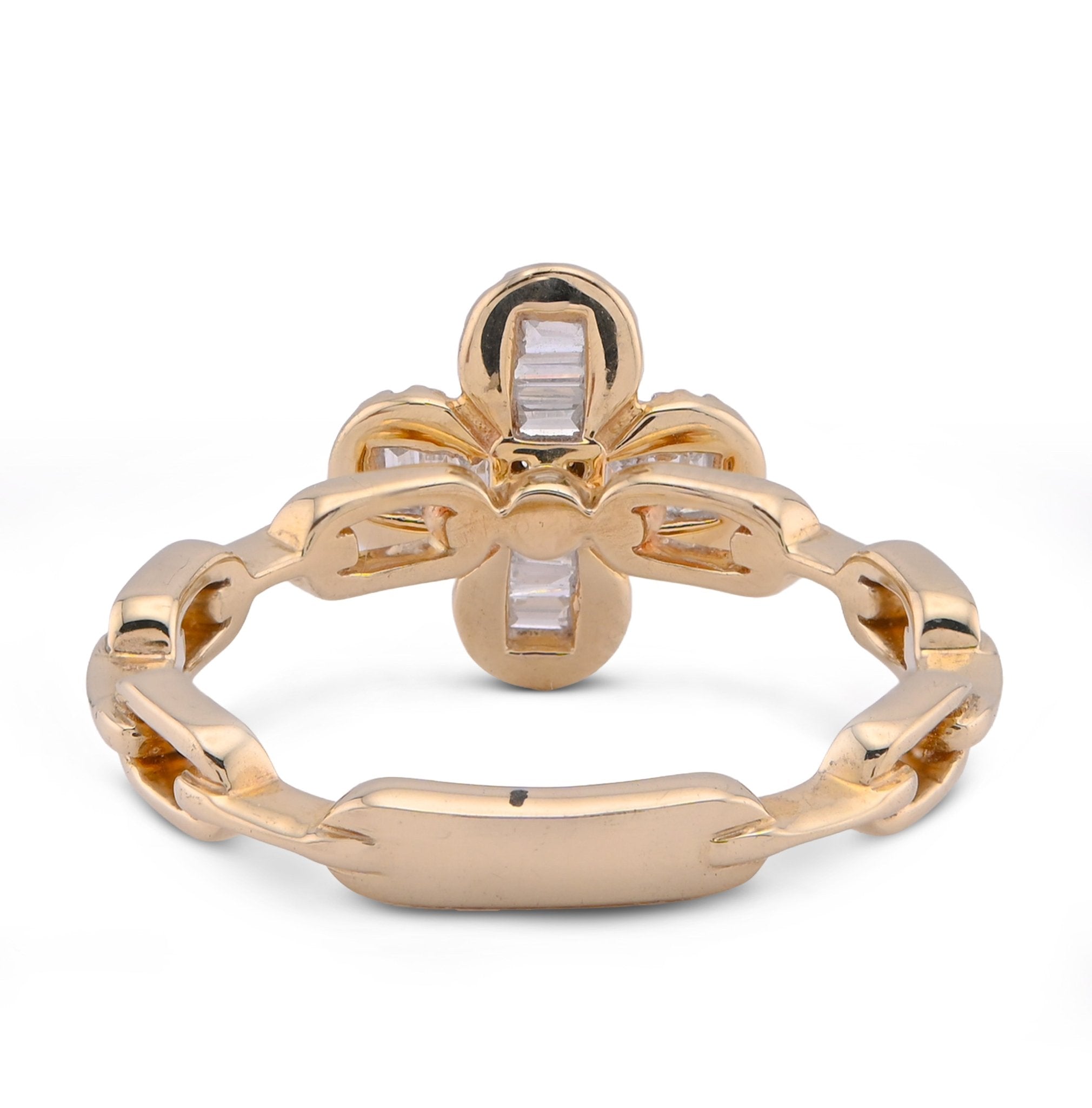 10K Yellow Gold 0.26CT Round/Baguette 4 - Leaf Clover Centre Chain - Link Natural Diamond Women Ring - Elite Jewelers - Rings