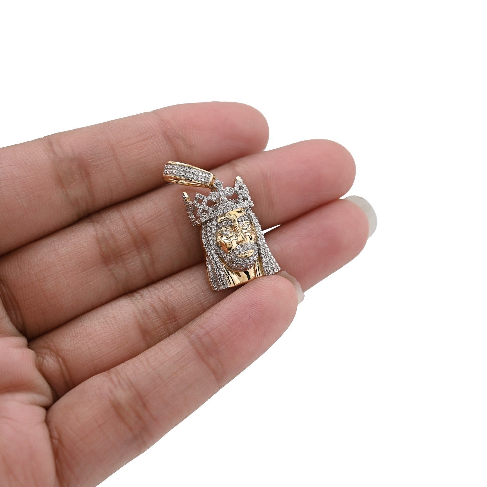 10k Yellow Gold 0.2CTW Natural Diamond 3D Crown Mini Jesus Head Pendant 3g Charm - Elite Jewelers - Charms & Pendants