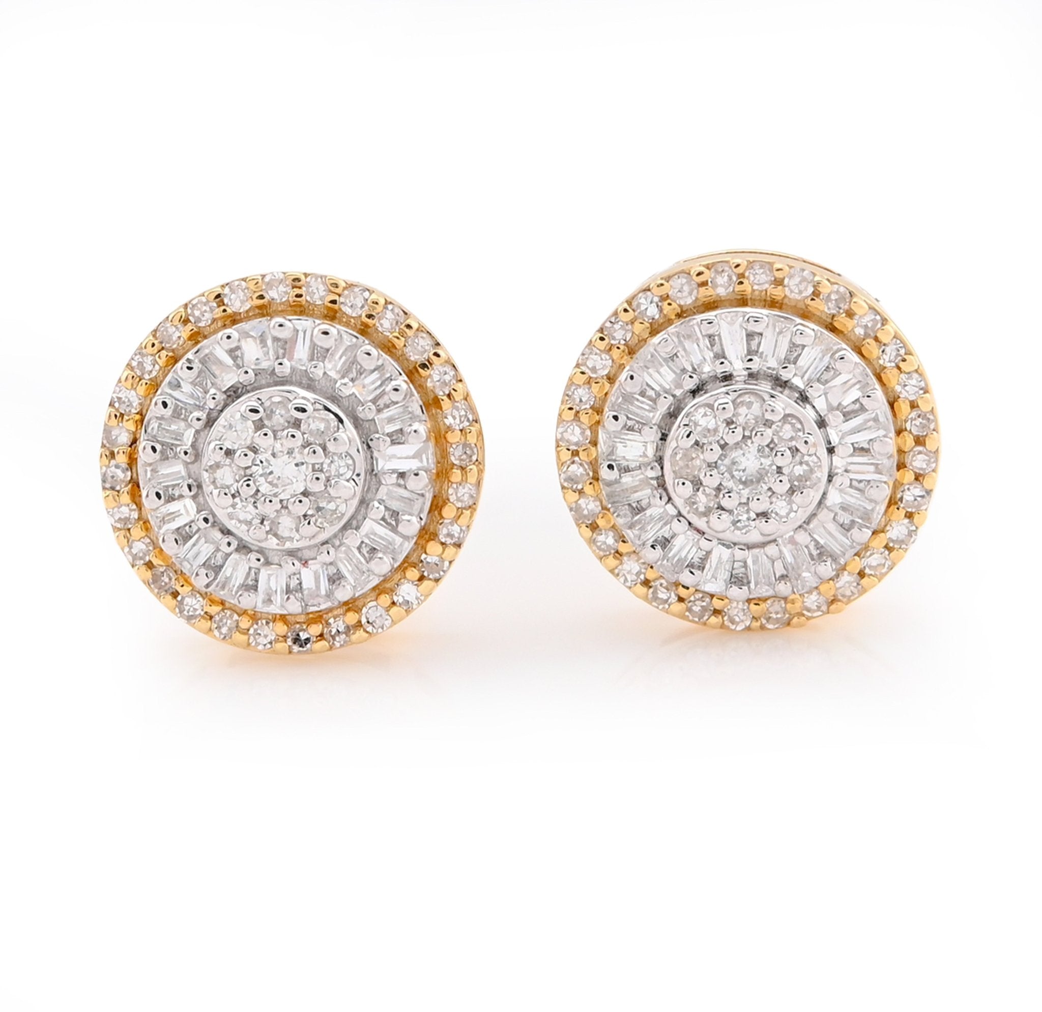 10K Yellow Gold 0.32CT Round/Baguette Natural Diamond Halo Cluster Flower Earrings Men Women Studs - Elite Jewelers -