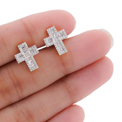 10K Yellow Gold 0.33CT Baguette Cross Natural Diamond Men Women Earring - Elite Jewelers-Earrings