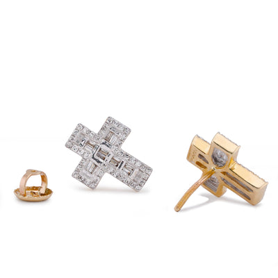 10K Yellow Gold 0.33CT Baguette Cross Natural Diamond Men Women Earring - Elite Jewelers-Earrings