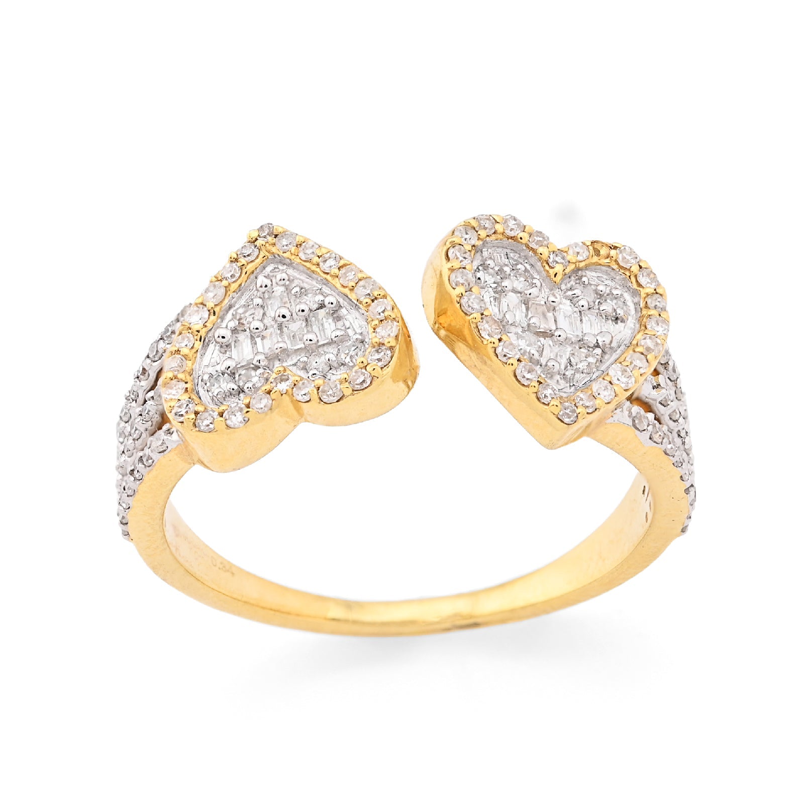 10K Yellow Gold 0.34CT natural Diamond Round/baguette Two heart Women Ring - Elite Jewelers - Rings