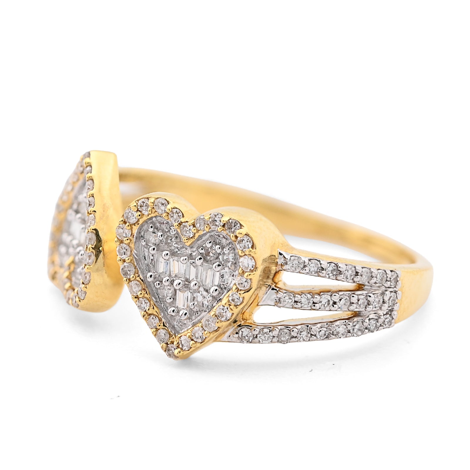 10K Yellow Gold 0.34CT natural Diamond Round/baguette Two heart Women Ring - Elite Jewelers - Rings