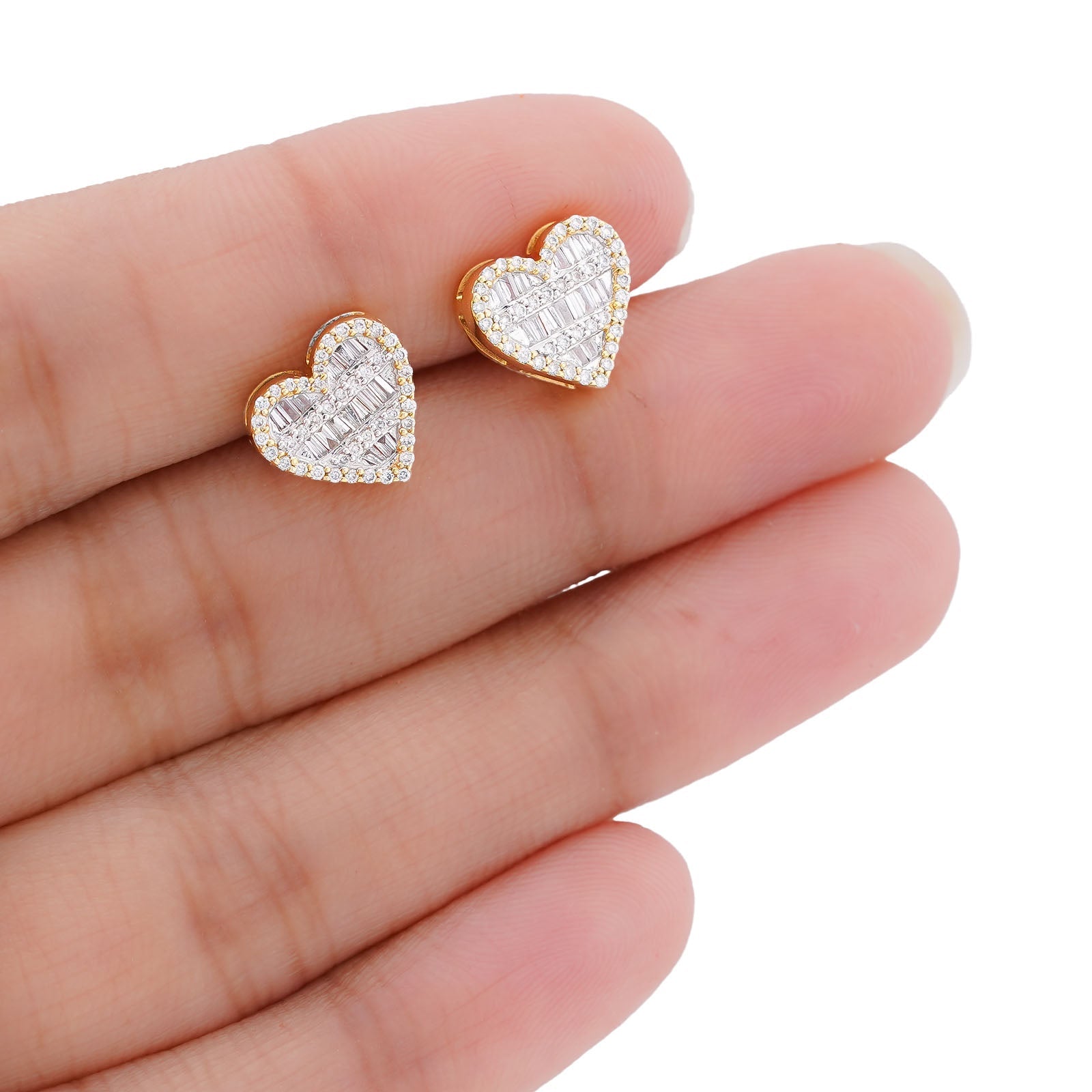 10K Yellow Gold 0.40CT Natural Round/Baguette Diamond Heart Shape Baguette Women Earring Studs - Elite Jewelers-Earrings