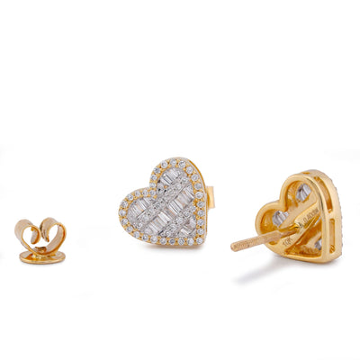 10K Yellow Gold 0.40CT Natural Round/Baguette Diamond Heart Shape Baguette Women Earring Studs - Elite Jewelers-Earrings