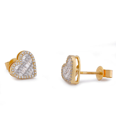 10K Yellow Gold 0.40CT Natural Round/Baguette Diamond Heart Shape Baguette Women Earring Studs - Elite Jewelers-Earrings