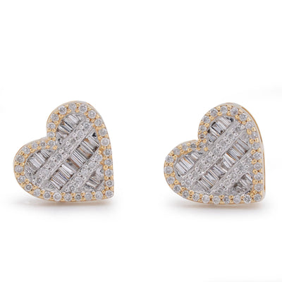 10K Yellow Gold 0.40CT Natural Round/Baguette Diamond Heart Shape Baguette Women Earring Studs - Elite Jewelers-Earrings