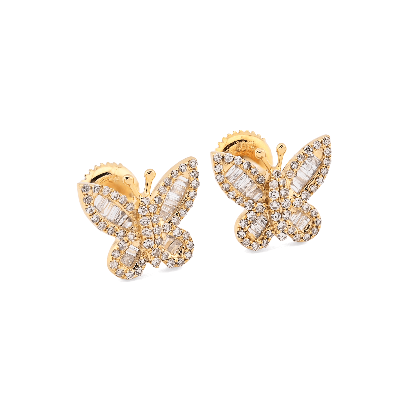 10k Yellow Gold 0.45CTW Round/Baguette Pure Diamond Butterfly 2.2g Stud Earring - Elite Jewelers - Earrings