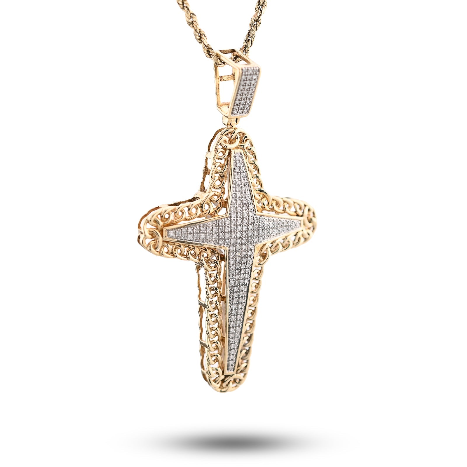10K Yellow Gold 0.50CT Natural Diamond Chain Link Edge Cross Religious Men Charm Women Pendant - Elite Jewelers - Charms & Pendants