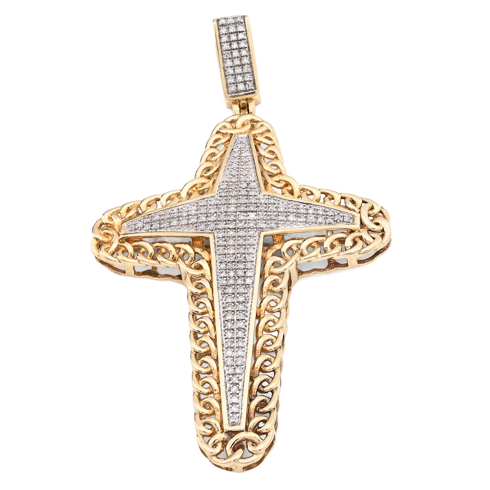 10K Yellow Gold 0.50CT Natural Diamond Chain Link Edge Cross Religious Men Charm Women Pendant - Elite Jewelers - Charms & Pendants