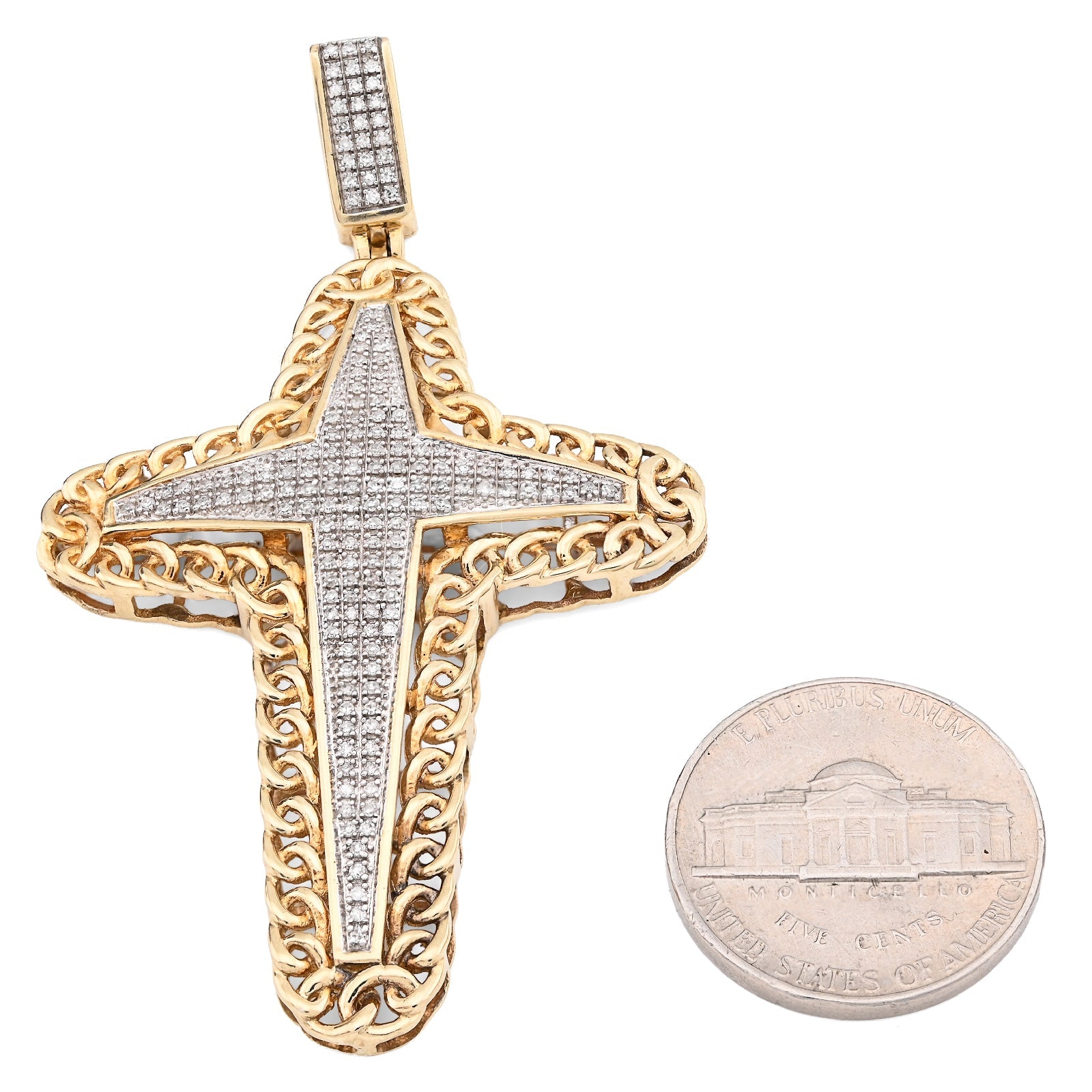 10K Yellow Gold 0.50CT Natural Diamond Chain Link Edge Cross Religious Men Charm Women Pendant - Elite Jewelers - Charms & Pendants