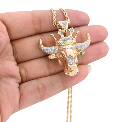 10K Yellow Gold 0.50CT Natural Diamond Crown Bull Custom Men Charm 13.4g Pendant - Elite Jewelers - Charms & Pendants