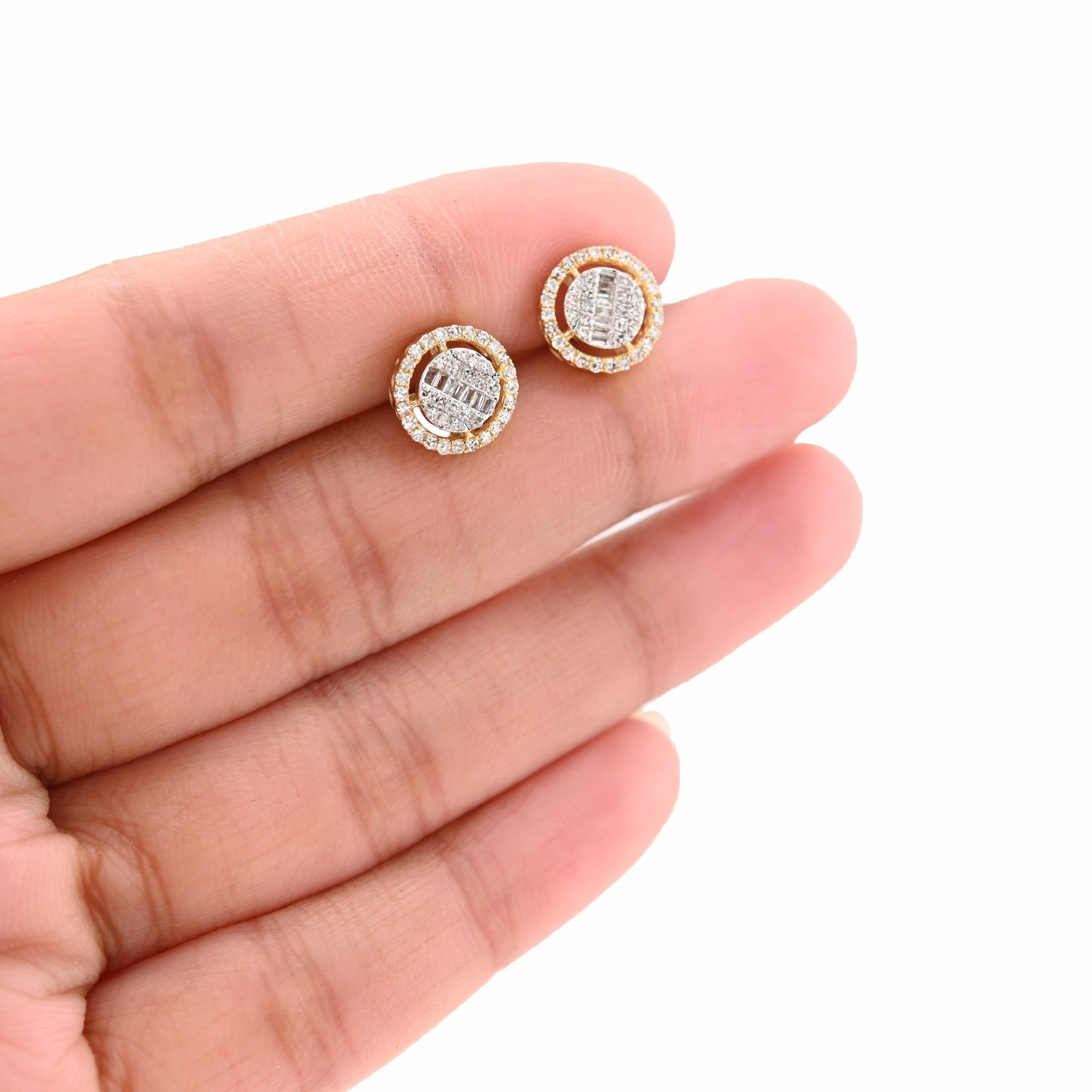 10K Yellow Gold 0.50CT Round/Baguette Natural Diamond Round Halo Shape Studs Men Women Earrings - Elite Jewelers - Earrings
