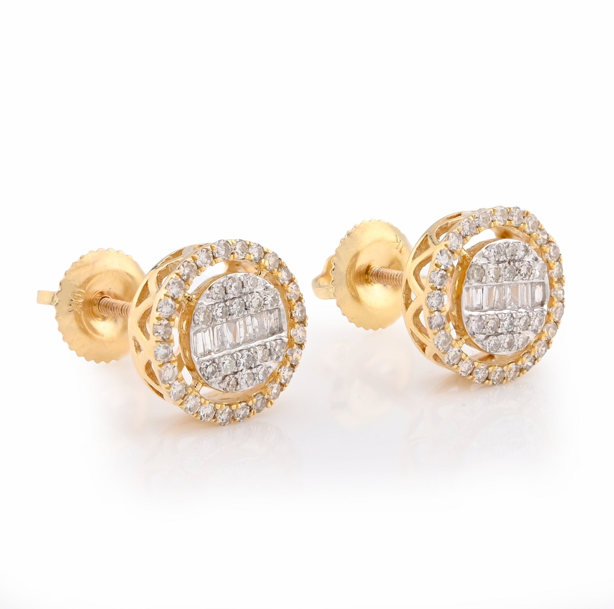 10K Yellow Gold 0.50CT Round/Baguette Natural Diamond Round Halo Shape Studs Men Women Earrings - Elite Jewelers - Earrings