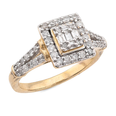 10K Yellow Gold 0.54CT Natural Diamond Round/Baguette Square Women Ring - Elite Jewelers - Rings