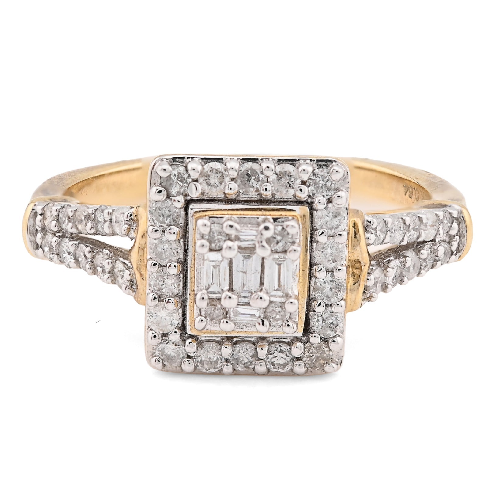 10K Yellow Gold 0.54CT Natural Diamond Round/Baguette Square Women Ring - Elite Jewelers - Rings