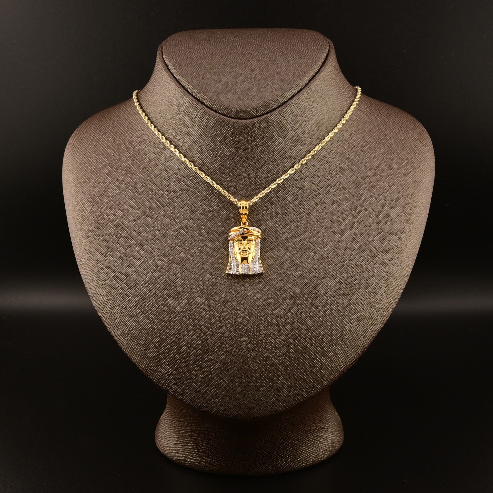 10k Yellow Gold 0.55CTW Round & Baguette Diamond Jesus Head Pendant 6.1g Charm - Elite Jewelers - Charms & Pendants