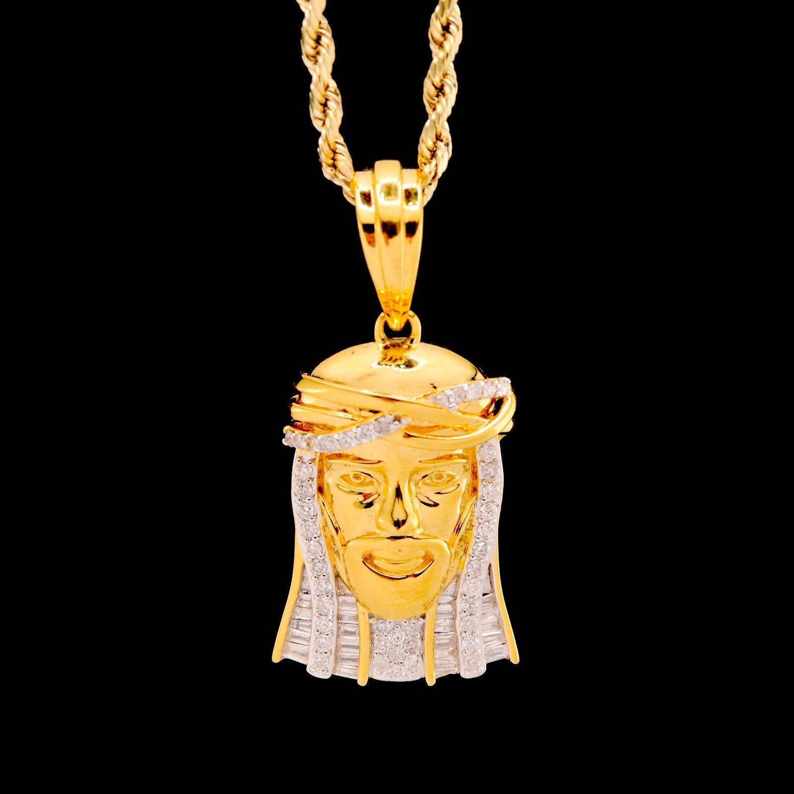 10k Yellow Gold 0.55CTW Round & Baguette Diamond Jesus Head Pendant 6.1g Charm - Elite Jewelers - Charms & Pendants