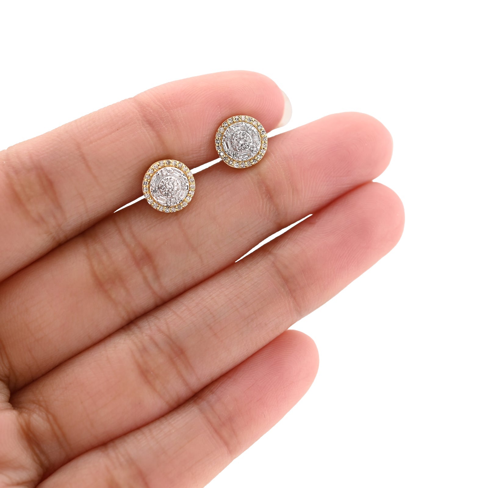 10K yellow Gold 0.56 CT natural Diamond Round/baguette 2 Layer Stud Men Women Earring - Elite Jewelers - Earrings
