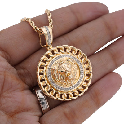 10K Yellow Gold 0.5CT Natural Diamond Lion with Cuban Link Round Charm Men Pendant - Elite Jewelers-Charms & Pendants