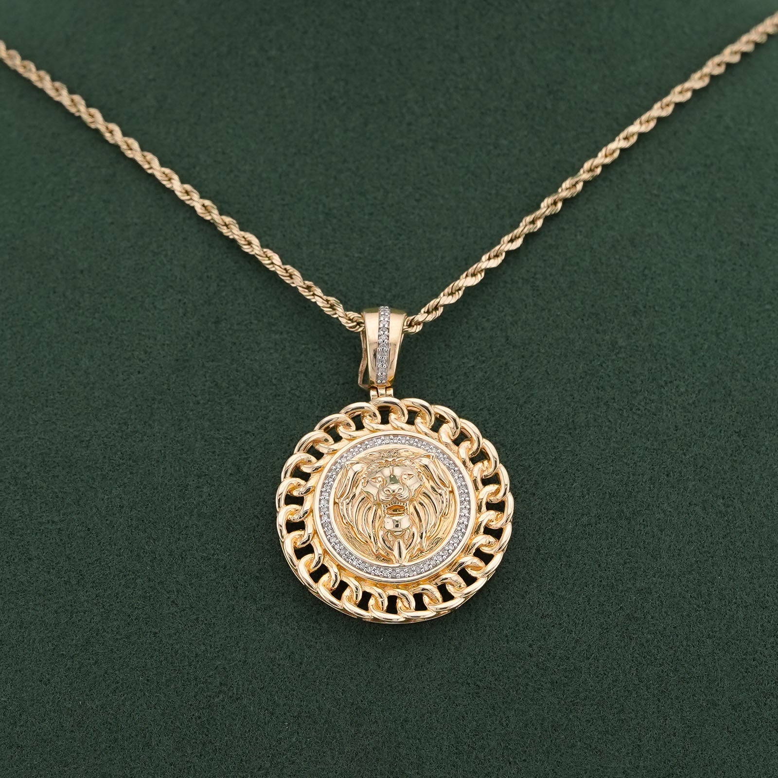 10K Yellow Gold 0.5CT Natural Diamond Lion with Cuban Link Round Charm Men Pendant - Elite Jewelers-Charms & Pendants