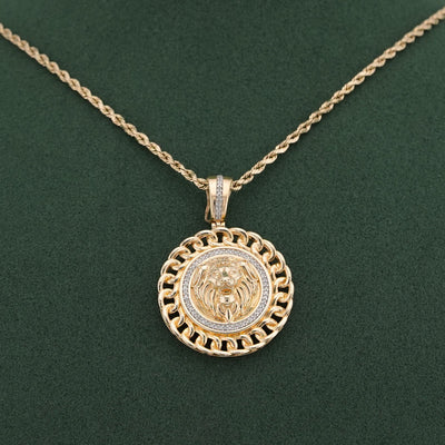 10K Yellow Gold 0.5CT Natural Diamond Lion with Cuban Link Round Charm Men Pendant - Elite Jewelers-Charms & Pendants