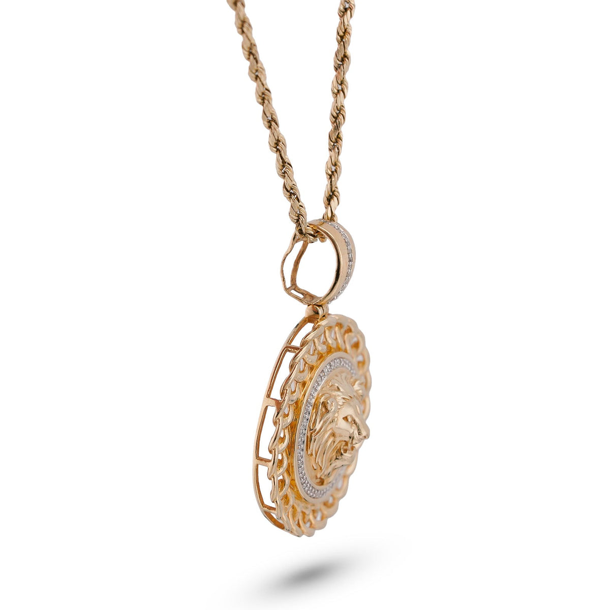 10K Yellow Gold 0.5CT Natural Diamond Lion with Cuban Link Round Charm Men Pendant - Elite Jewelers-Charms & Pendants