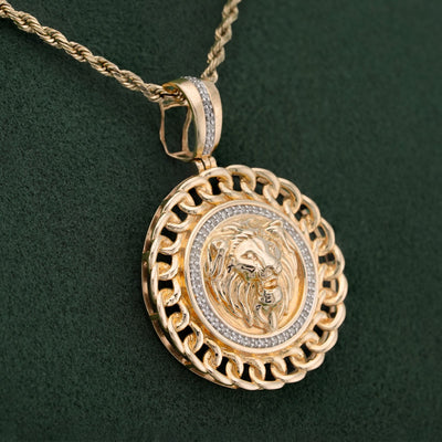 10K Yellow Gold 0.5CT Natural Diamond Lion with Cuban Link Round Charm Men Pendant - Elite Jewelers-Charms & Pendants