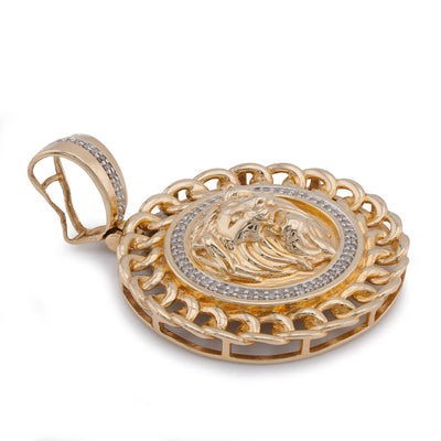 10K Yellow Gold 0.5CT Natural Diamond Lion with Cuban Link Round Charm Men Pendant - Elite Jewelers-Charms & Pendants