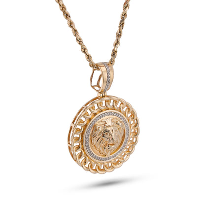 10K Yellow Gold 0.5CT Natural Diamond Lion with Cuban Link Round Charm Men Pendant - Elite Jewelers-Charms & Pendants