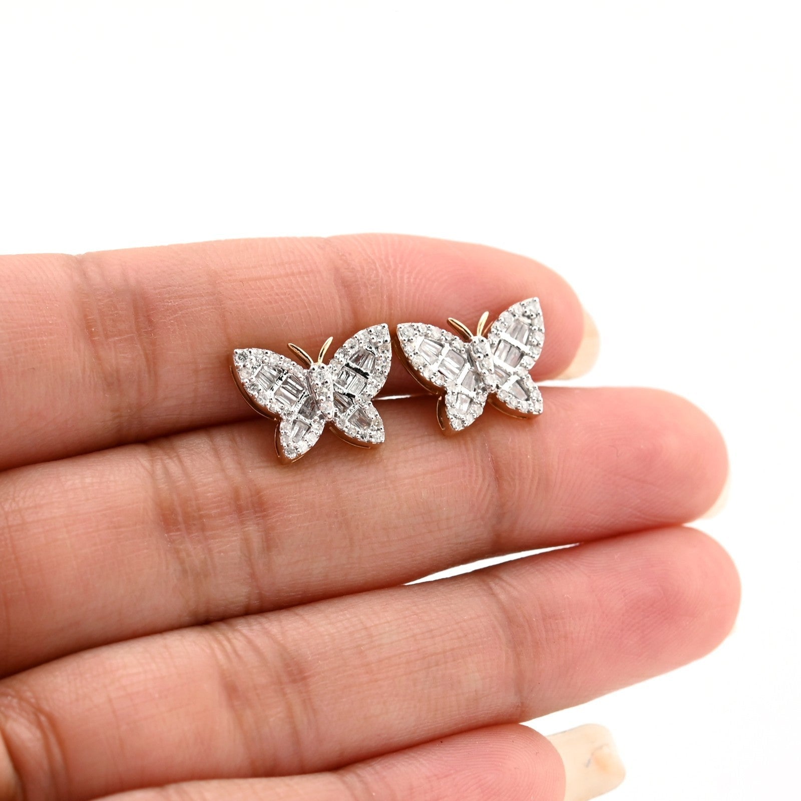 10k Yellow Gold 0.5CTW Baguette/Round Natural Diamond Butterfly 2.2gms Stud - Elite Jewelers - Earrings