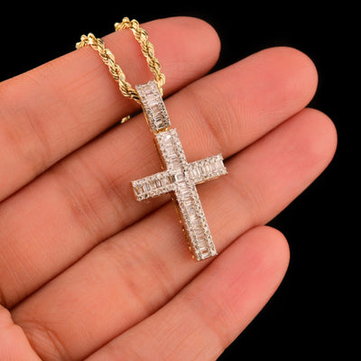 10k Yellow Gold 0.61CTW Natural Round/Baguette Diamond Cross Pendant 2.5g Charm - Elite Jewelers - Charms & Pendants