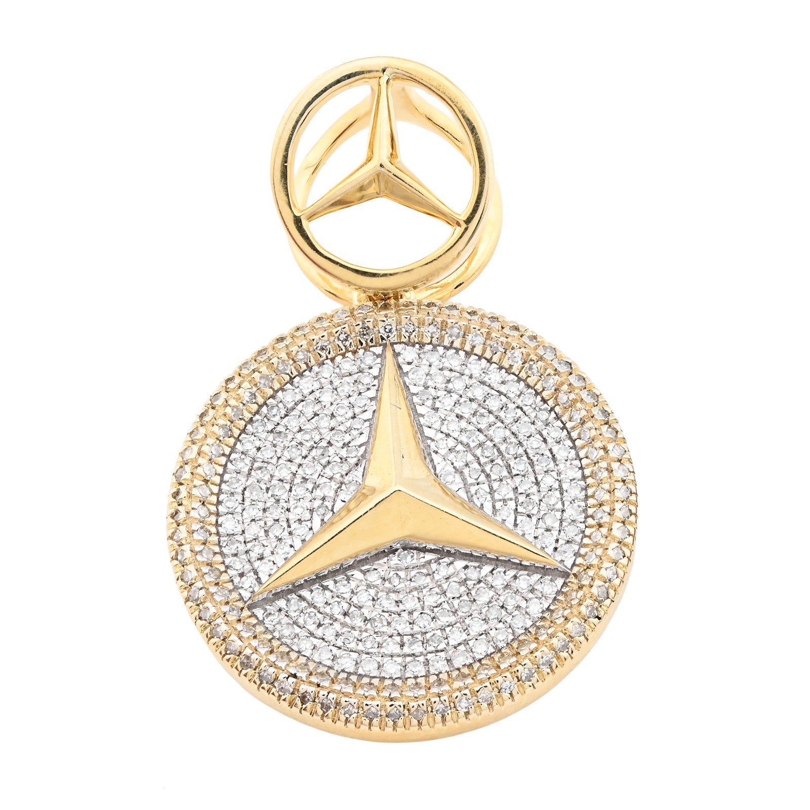 10k Yellow Gold 0.63CTW Pure Diamond ICED Mercedes Benz Logo Pendant 5.5g Charm - Elite Jewelers - Charms & Pendants