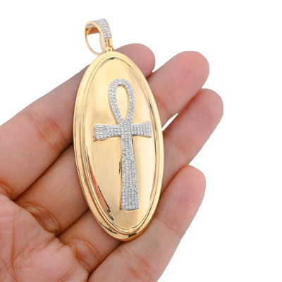 10K Yellow Gold 0.65CT Natural Diamond Oval Ankh Cross Pendant Men Women Religious Charm - Elite Jewelers - Charms & Pendants