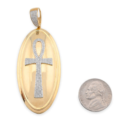 10K Yellow Gold 0.65CT Natural Diamond Oval Ankh Cross Pendant Men Women Religious Charm - Elite Jewelers - Charms & Pendants