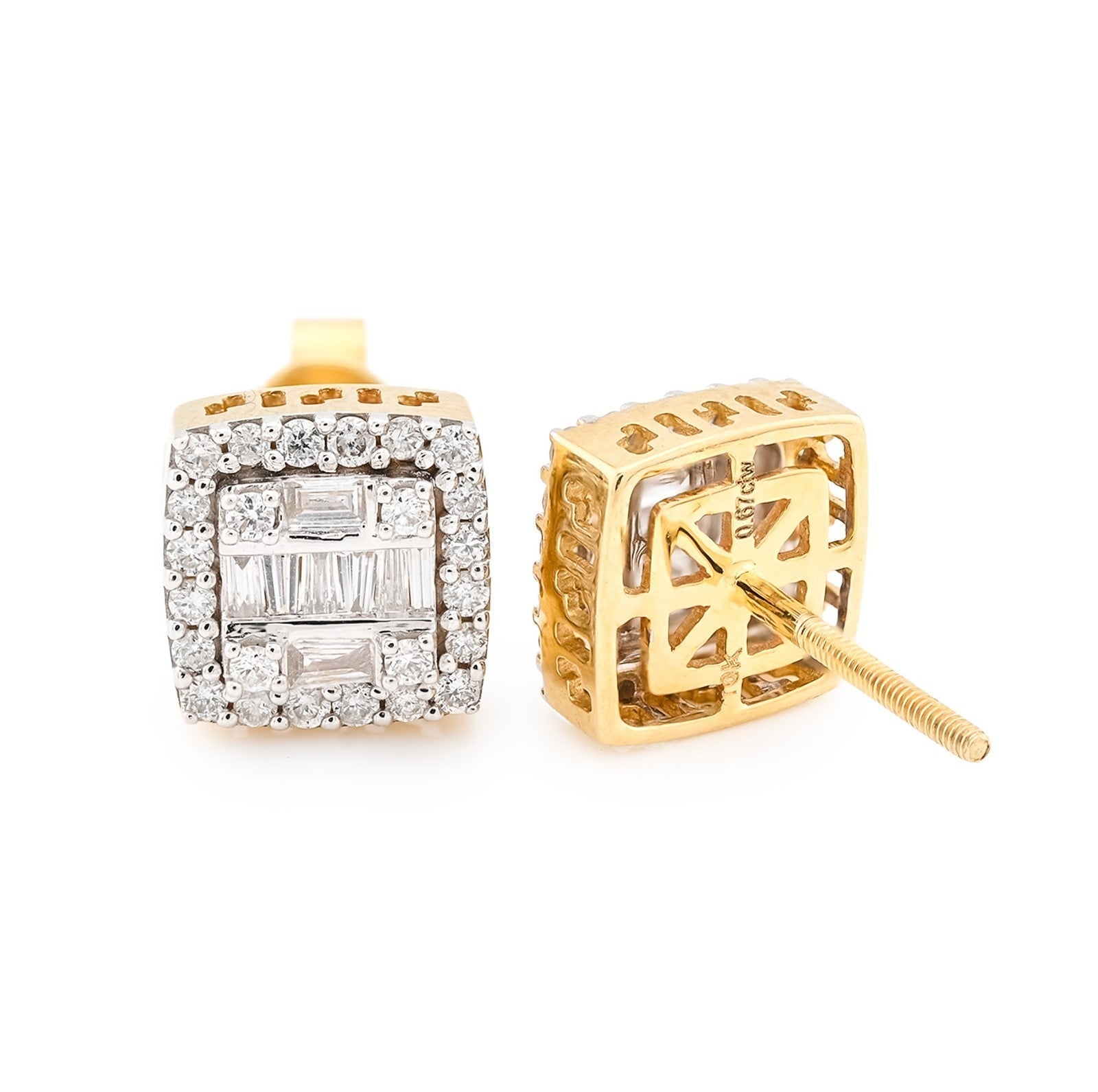 10k Yellow Gold 0.67CTW Pure Round/Baguette Diamond 3.1g ICY Square Stud Earring - Elite Jewelers - Earrings