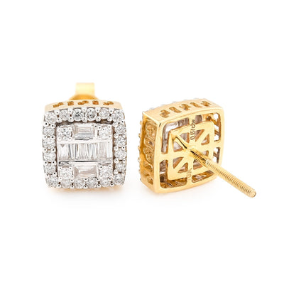 10k Yellow Gold 0.67CTW Pure Round/Baguette Diamond 3.1g ICY Square Stud Earring - Elite Jewelers - Earrings