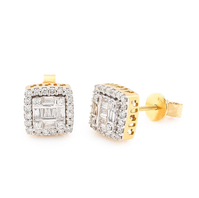 10k Yellow Gold 0.67CTW Pure Round/Baguette Diamond 3.1g ICY Square Stud Earring - Elite Jewelers - Earrings