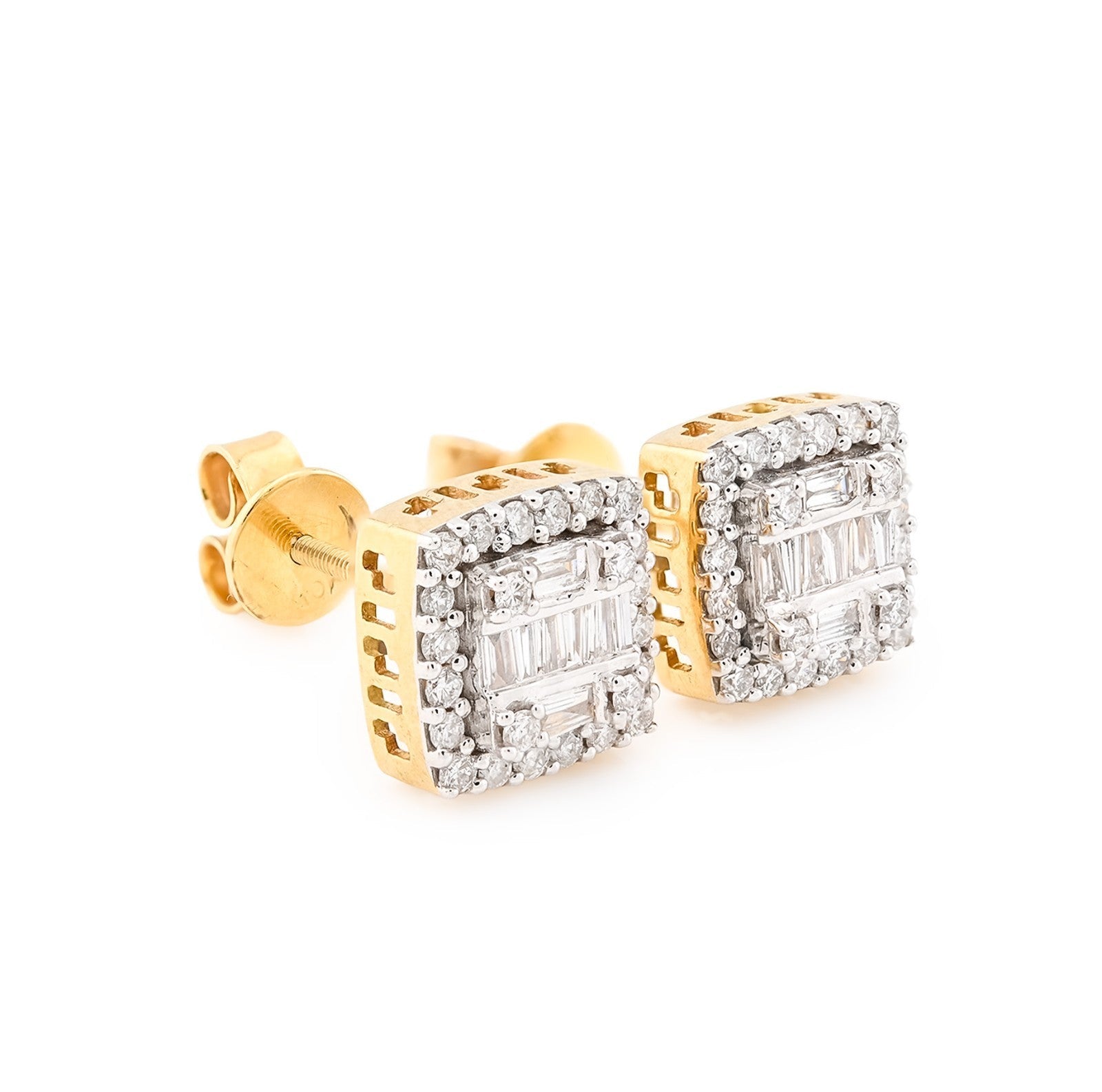 10k Yellow Gold 0.67CTW Pure Round/Baguette Diamond 3.1g ICY Square Stud Earring - Elite Jewelers - Earrings
