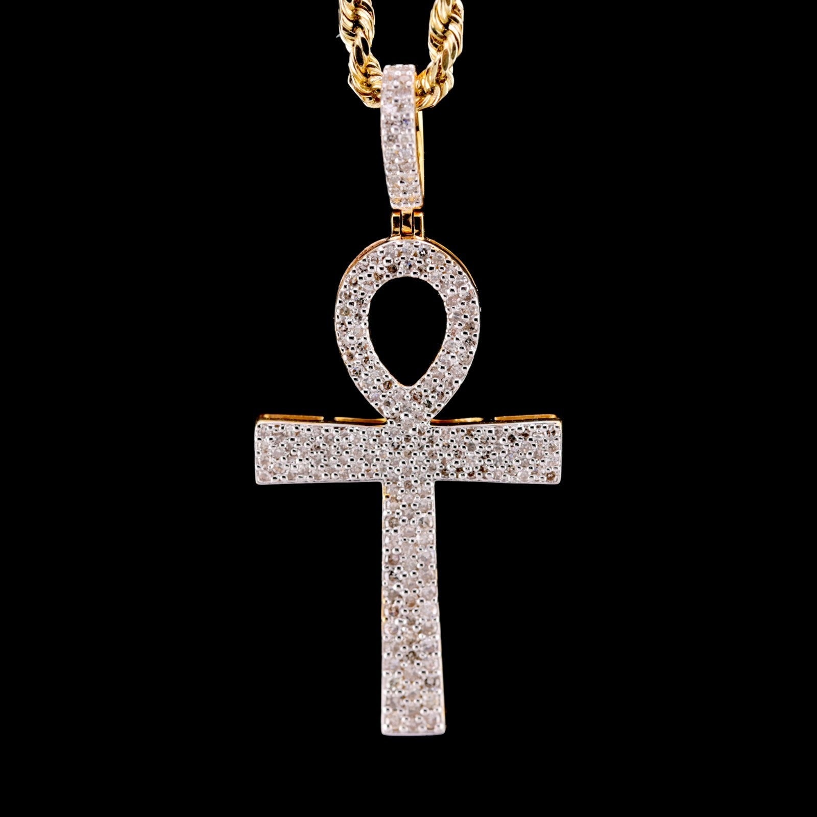 10k Yellow Gold 0.6CTW Natural Round Diamond Ankh Cross Pendant 2.6g Charm - Elite Jewelers - Charms & Pendants