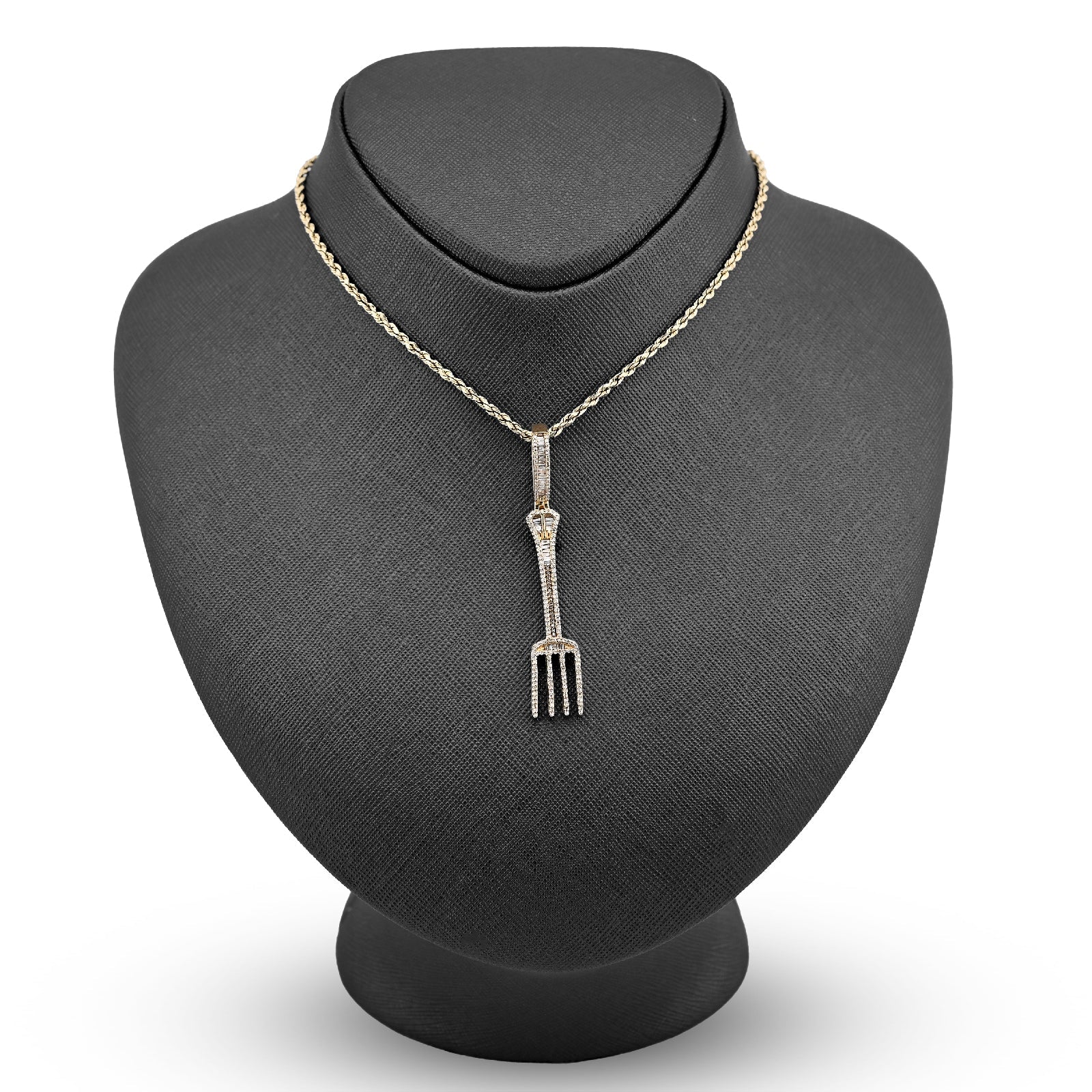10K Yellow Gold 0.70CT Natural Diamond Round/Baguette Fork Pendant 2.5" Men Women Pendant 7.8g - Elite Jewelers - Charms & Pendants