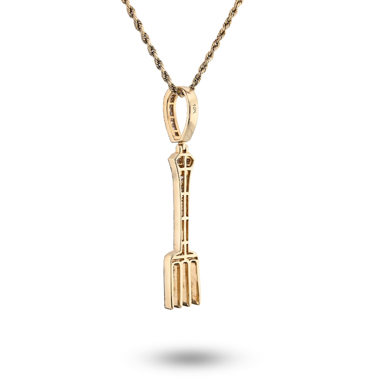 10K Yellow Gold 0.70CT Natural Diamond Round/Baguette Fork Pendant 2.5" Men Women Pendant 7.8g - Elite Jewelers - Charms & Pendants