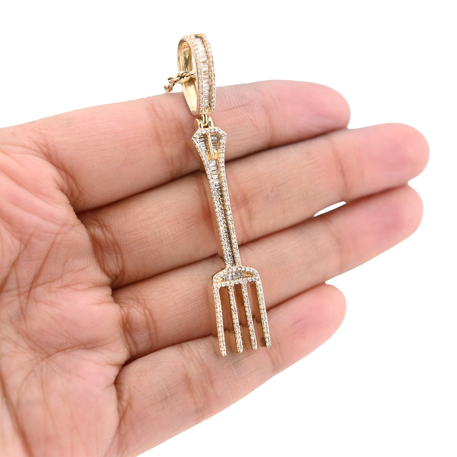 10K Yellow Gold 0.70CT Natural Diamond Round/Baguette Fork Pendant 2.5" Men Women Pendant 7.8g - Elite Jewelers - Charms & Pendants